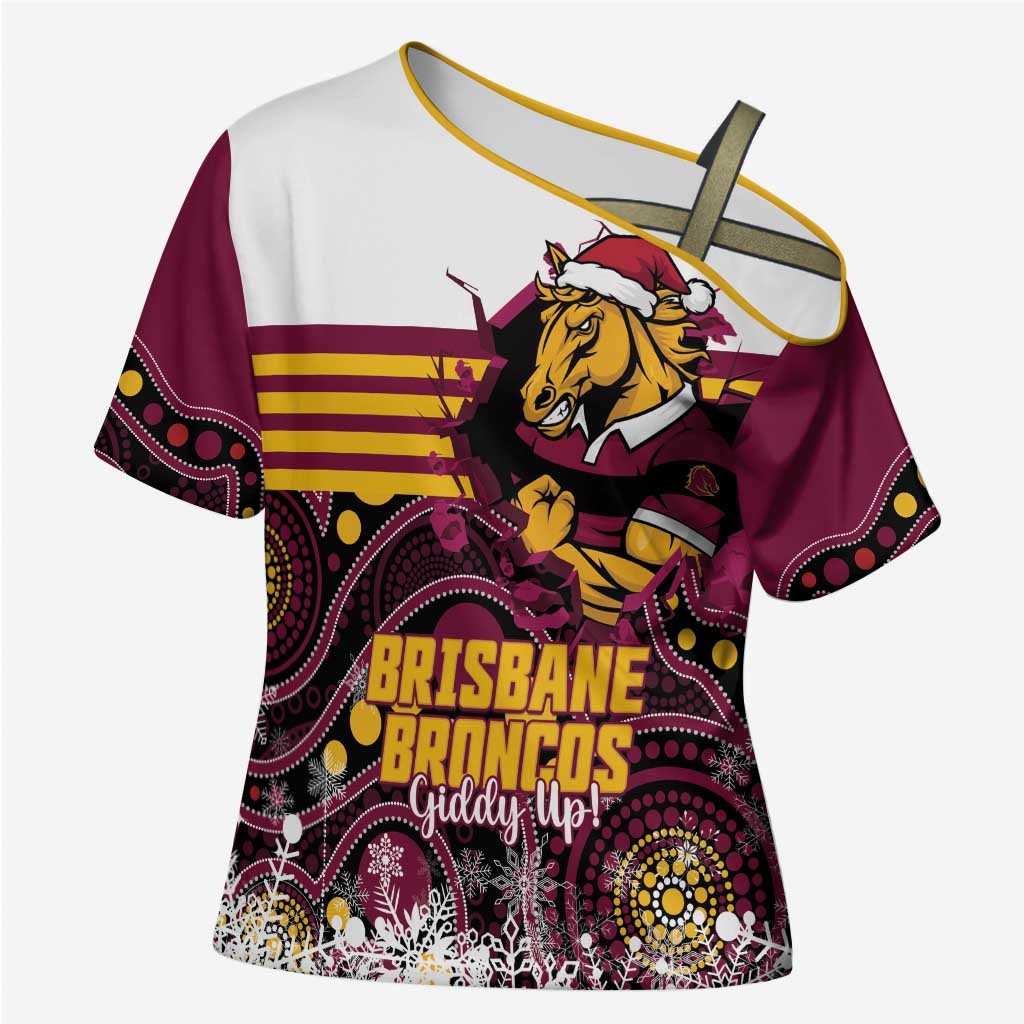 Custom Broncos Rugby Christmas Cross Shoulder Shirt Brisbane Giddy Up Aboriginal Art - Aussie Hoodie