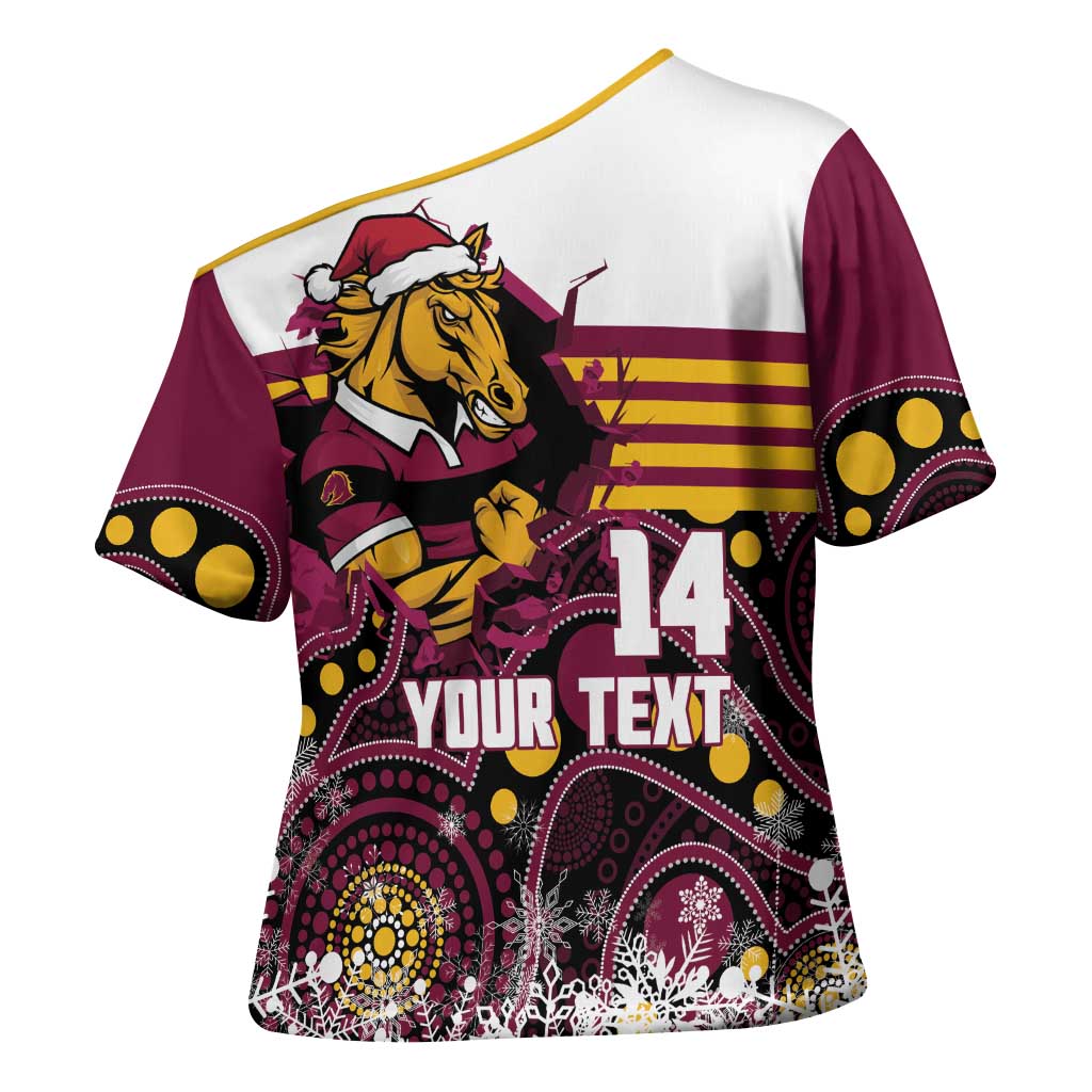 Custom Broncos Rugby Christmas Cross Shoulder Shirt Brisbane Giddy Up Aboriginal Art - Aussie Hoodie