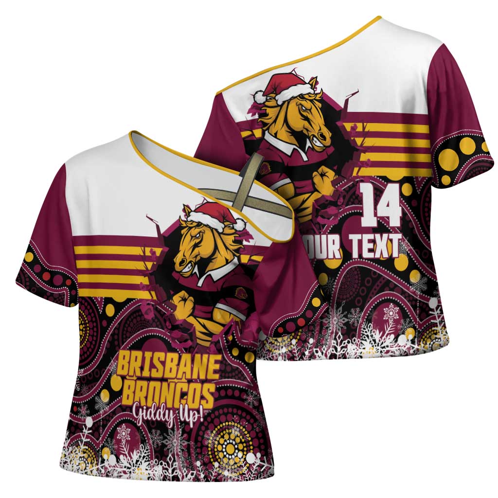Custom Broncos Rugby Christmas Cross Shoulder Shirt Brisbane Giddy Up Aboriginal Art - Aussie Hoodie