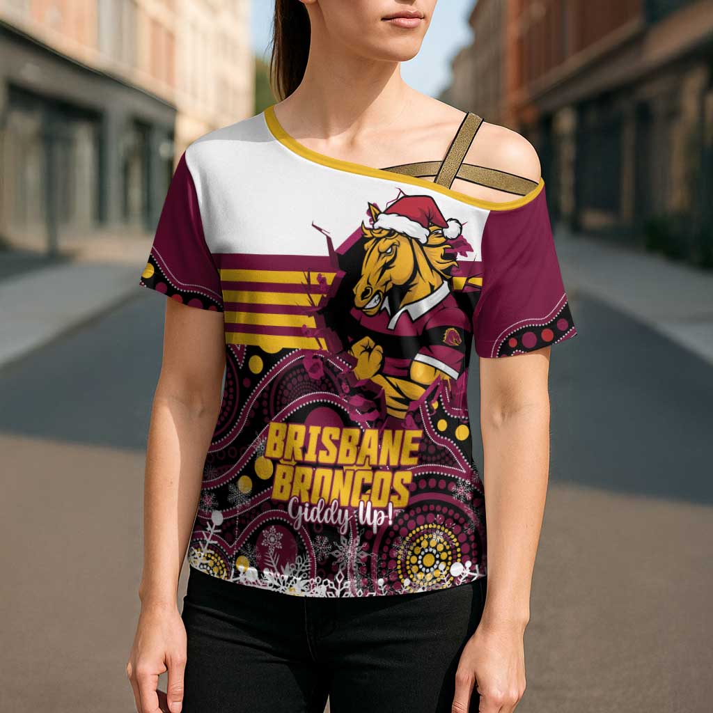 Custom Broncos Rugby Christmas Cross Shoulder Shirt Brisbane Giddy Up Aboriginal Art - Aussie Hoodie