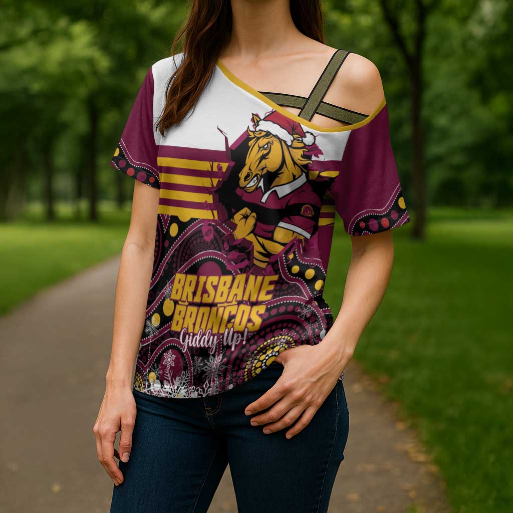Custom Broncos Rugby Christmas Cross Shoulder Shirt Brisbane Giddy Up Aboriginal Art - Aussie Hoodie