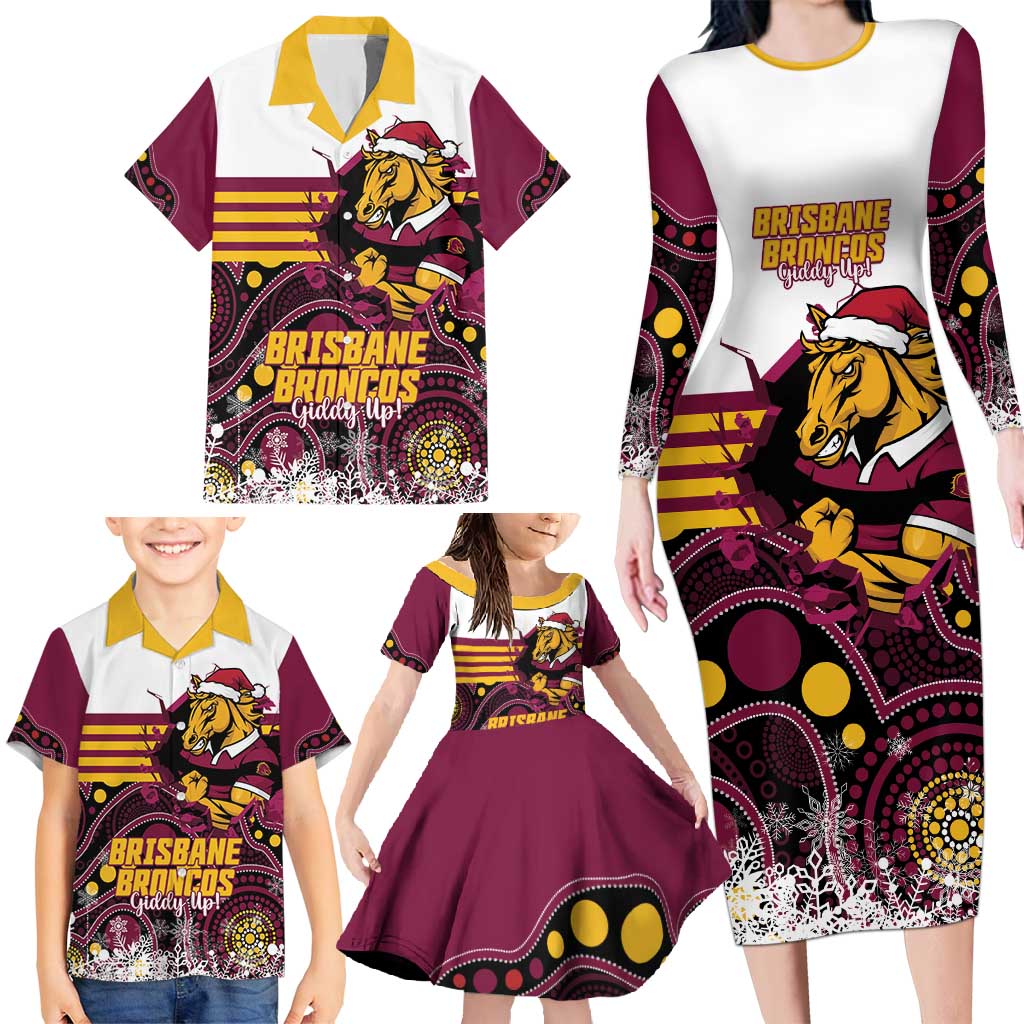 Custom Broncos Rugby Christmas Family Matching Long Sleeve Bodycon Dress and Hawaiian Shirt Brisbane Giddy Up Aboriginal Art - Aussie Hoodie