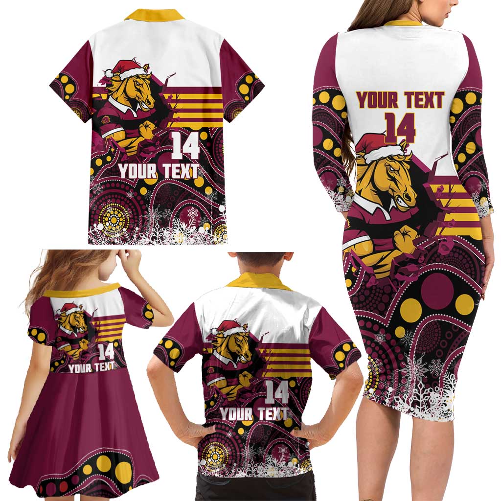 Custom Broncos Rugby Christmas Family Matching Long Sleeve Bodycon Dress and Hawaiian Shirt Brisbane Giddy Up Aboriginal Art - Aussie Hoodie