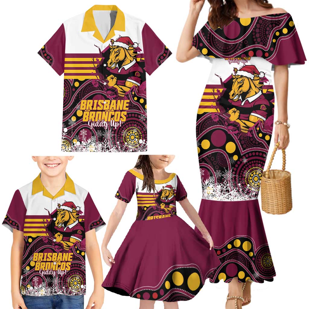 Custom Broncos Rugby Christmas Family Matching Mermaid Dress and Hawaiian Shirt Brisbane Giddy Up Aboriginal Art - Aussie Hoodie