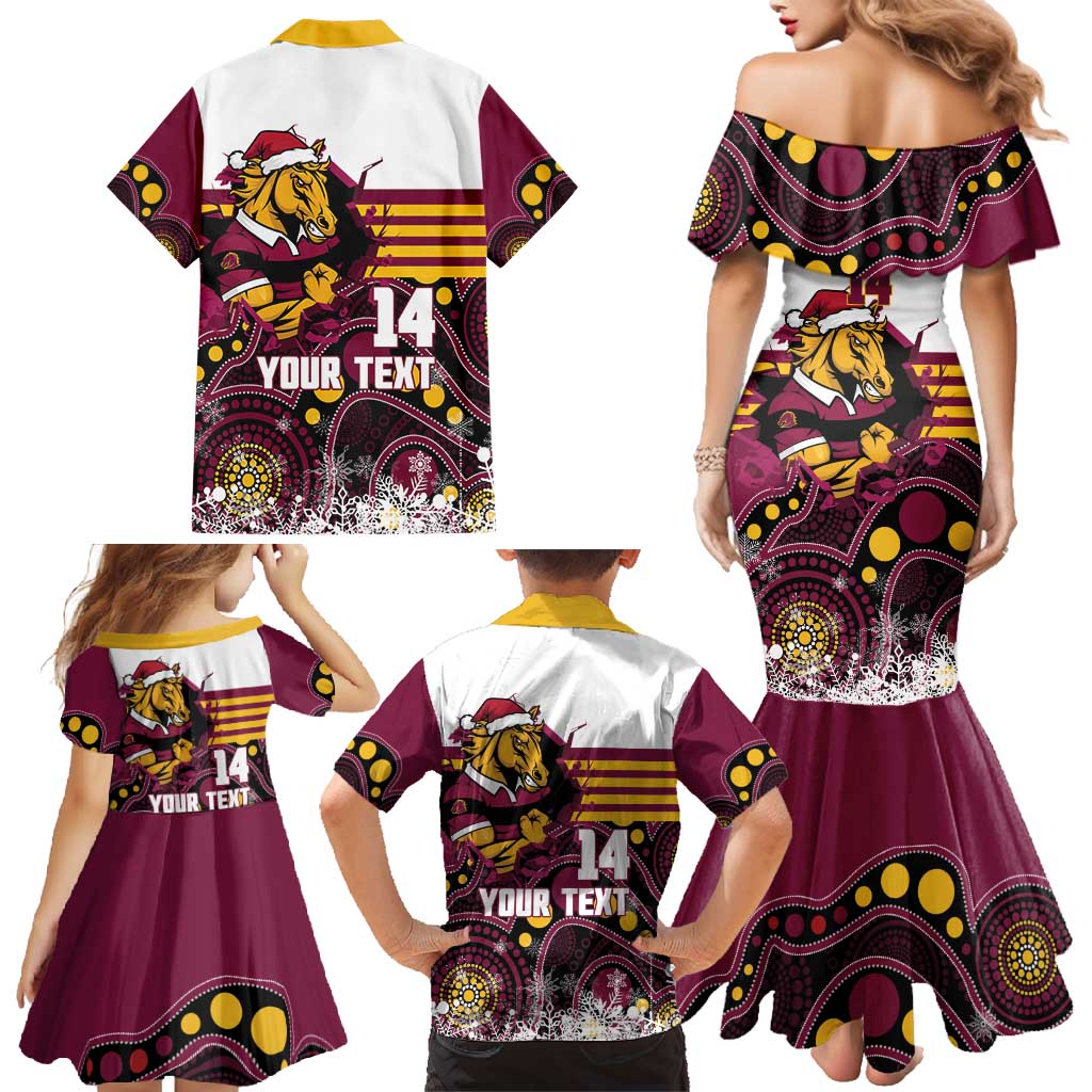 Custom Broncos Rugby Christmas Family Matching Mermaid Dress and Hawaiian Shirt Brisbane Giddy Up Aboriginal Art - Aussie Hoodie
