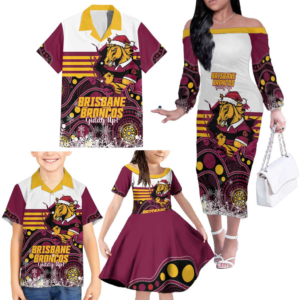 Custom Broncos Rugby Christmas Family Matching Off The Shoulder Long Sleeve Dress and Hawaiian Shirt Brisbane Giddy Up Aboriginal Art - Aussie Hoodie