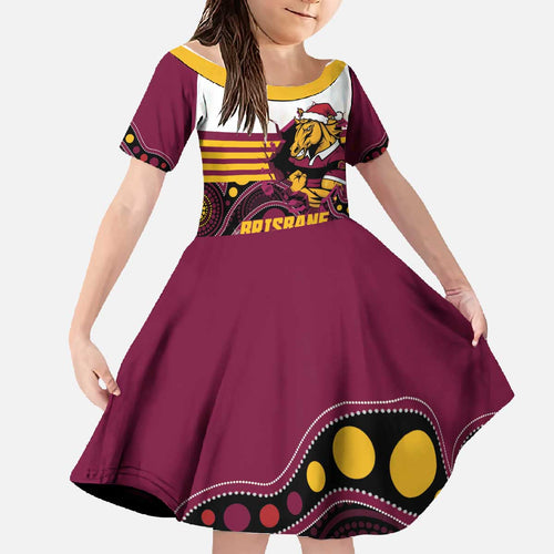 Custom Broncos Rugby Christmas Family Matching Off The Shoulder Long Sleeve Dress and Hawaiian Shirt Brisbane Giddy Up Aboriginal Art - Aussie Hoodie