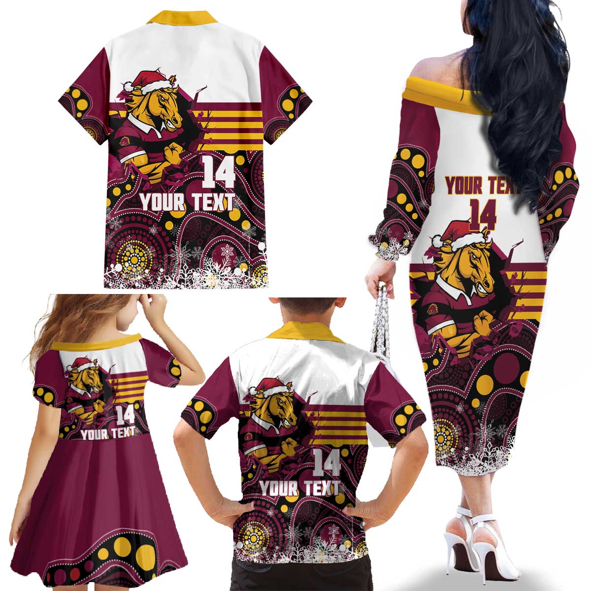 Custom Broncos Rugby Christmas Family Matching Off The Shoulder Long Sleeve Dress and Hawaiian Shirt Brisbane Giddy Up Aboriginal Art - Aussie Hoodie