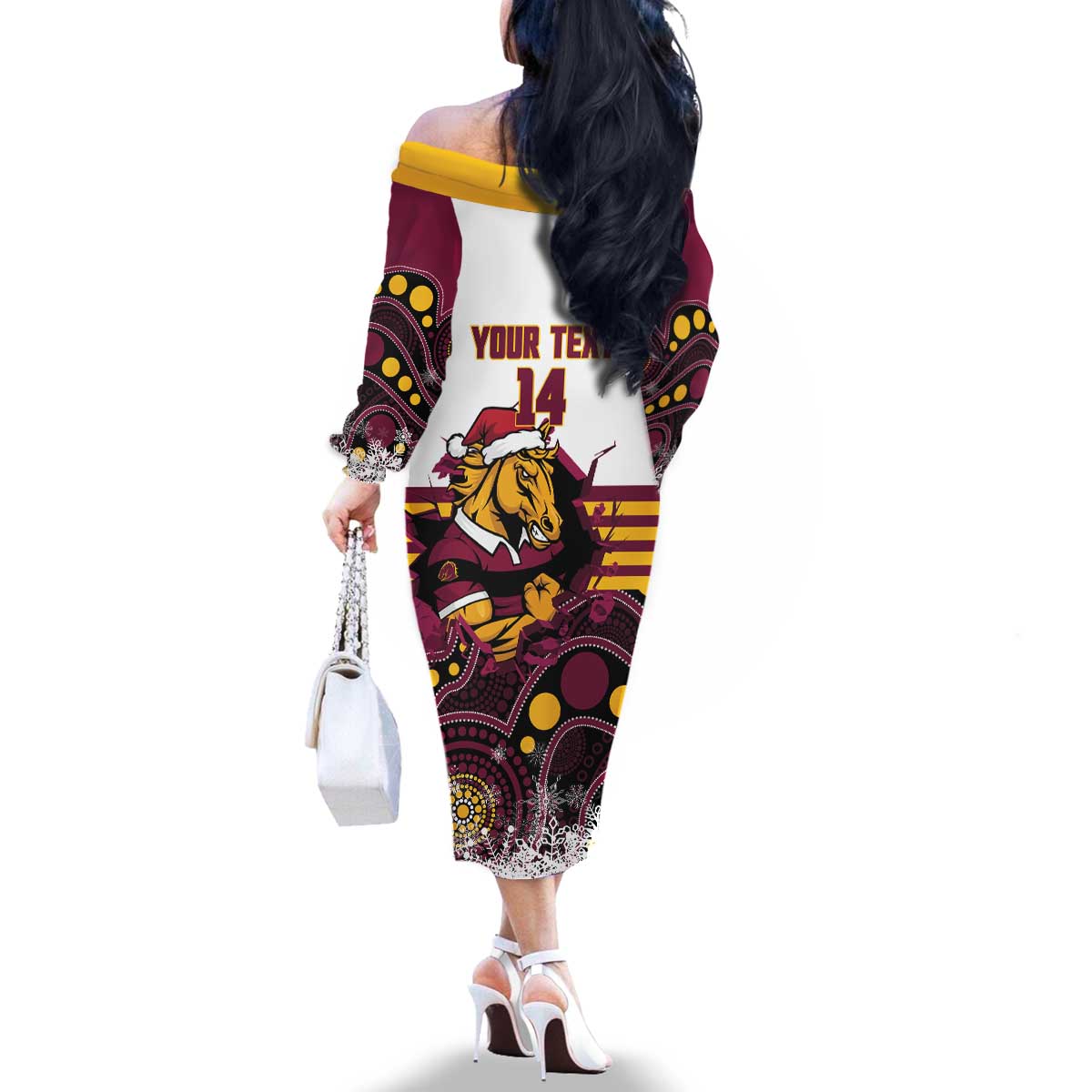 Custom Broncos Rugby Christmas Family Matching Off The Shoulder Long Sleeve Dress and Hawaiian Shirt Brisbane Giddy Up Aboriginal Art - Aussie Hoodie