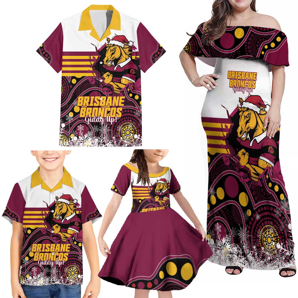 Custom Broncos Rugby Christmas Family Matching Off Shoulder Maxi Dress and Hawaiian Shirt Brisbane Giddy Up Aboriginal Art - Aussie Hoodie