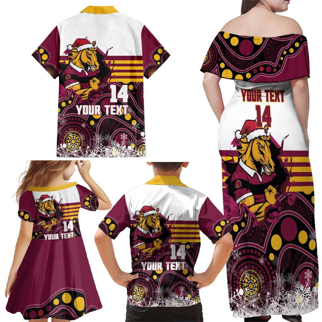 Custom Broncos Rugby Christmas Family Matching Off Shoulder Maxi Dress and Hawaiian Shirt Brisbane Giddy Up Aboriginal Art - Aussie Hoodie