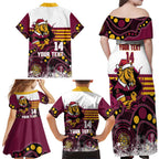 Custom Broncos Rugby Christmas Family Matching Off Shoulder Maxi Dress and Hawaiian Shirt Brisbane Giddy Up Aboriginal Art - Aussie Hoodie