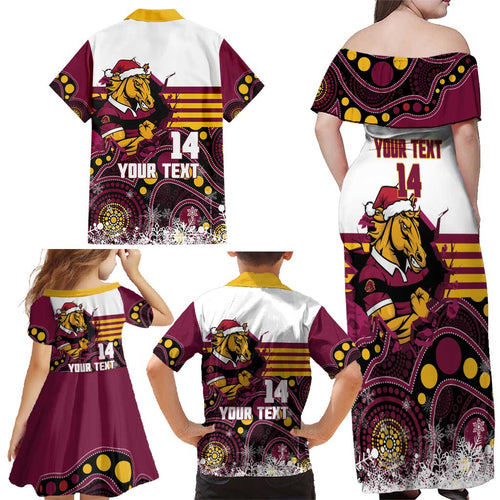 Custom Broncos Rugby Christmas Family Matching Off Shoulder Maxi Dress and Hawaiian Shirt Brisbane Giddy Up Aboriginal Art - Aussie Hoodie