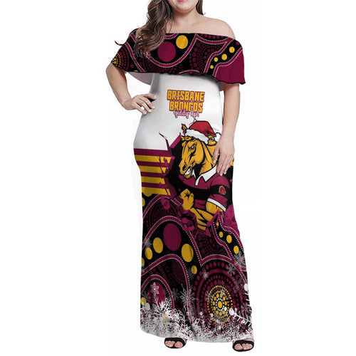 Custom Broncos Rugby Christmas Family Matching Off Shoulder Maxi Dress and Hawaiian Shirt Brisbane Giddy Up Aboriginal Art - Aussie Hoodie