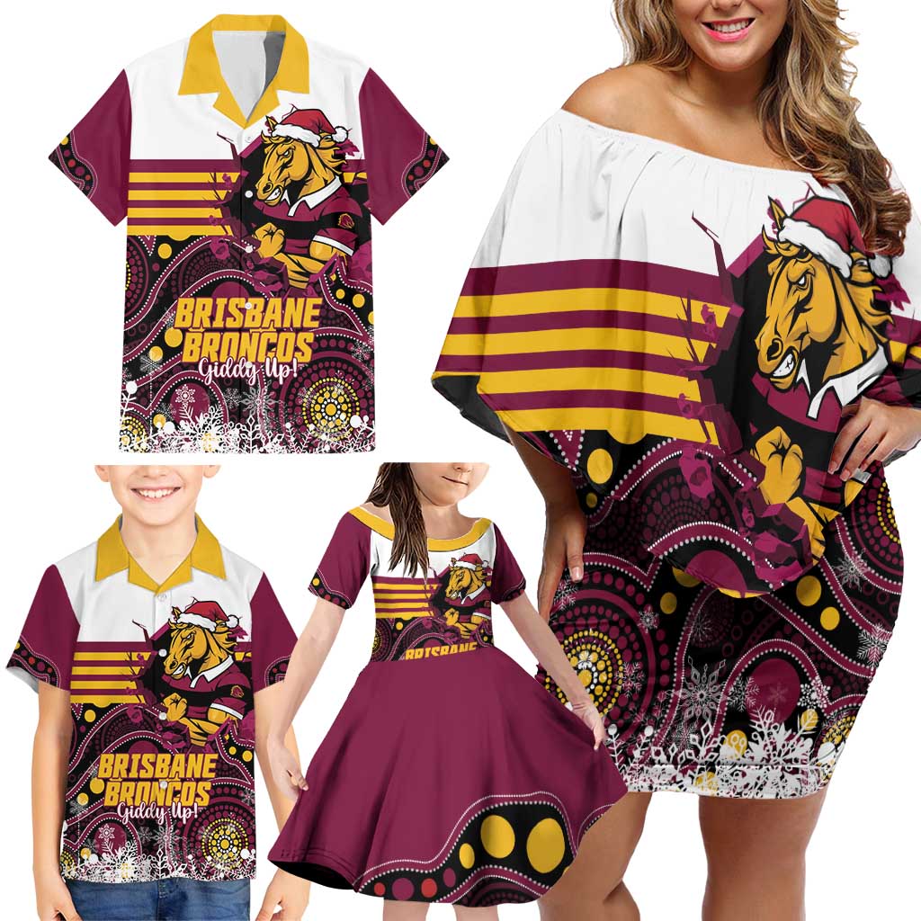 Custom Broncos Rugby Christmas Family Matching Off Shoulder Short Dress and Hawaiian Shirt Brisbane Giddy Up Aboriginal Art - Aussie Hoodie