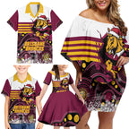 Custom Broncos Rugby Christmas Family Matching Off Shoulder Short Dress and Hawaiian Shirt Brisbane Giddy Up Aboriginal Art - Aussie Hoodie