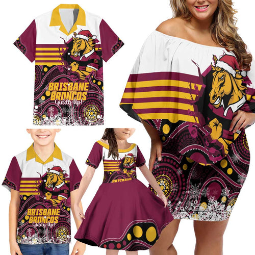 Custom Broncos Rugby Christmas Family Matching Off Shoulder Short Dress and Hawaiian Shirt Brisbane Giddy Up Aboriginal Art - Aussie Hoodie