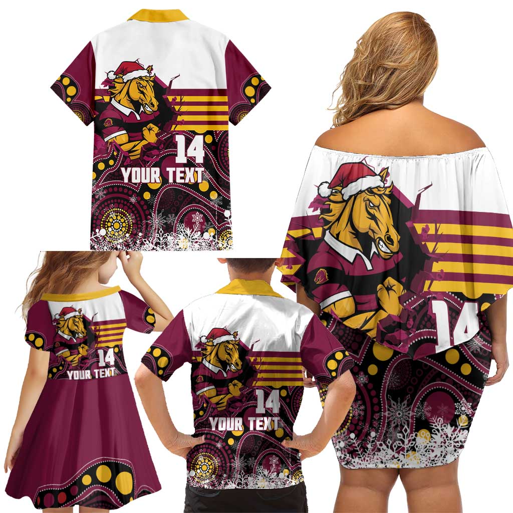 Custom Broncos Rugby Christmas Family Matching Off Shoulder Short Dress and Hawaiian Shirt Brisbane Giddy Up Aboriginal Art - Aussie Hoodie