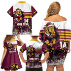 Custom Broncos Rugby Christmas Family Matching Off Shoulder Short Dress and Hawaiian Shirt Brisbane Giddy Up Aboriginal Art - Aussie Hoodie