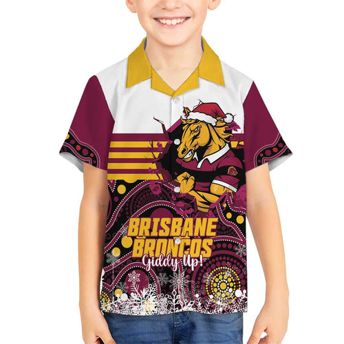 Custom Broncos Rugby Christmas Family Matching Off Shoulder Short Dress and Hawaiian Shirt Brisbane Giddy Up Aboriginal Art - Aussie Hoodie