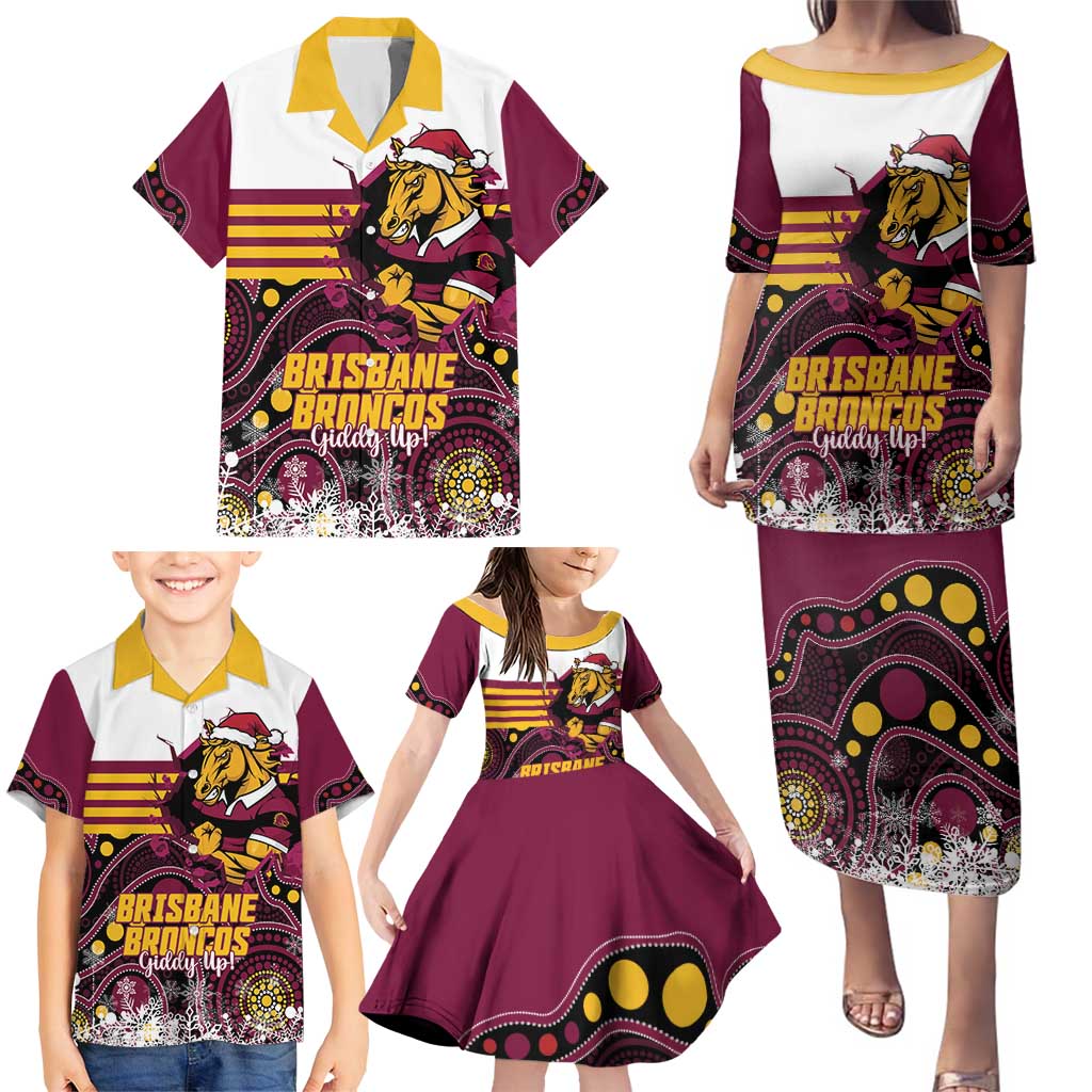 Custom Broncos Rugby Christmas Family Matching Puletasi and Hawaiian Shirt Brisbane Giddy Up Aboriginal Art - Aussie Hoodie