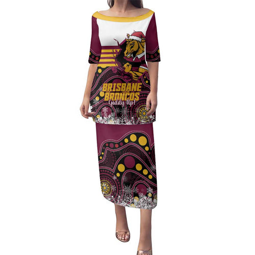 Custom Broncos Rugby Christmas Family Matching Puletasi and Hawaiian Shirt Brisbane Giddy Up Aboriginal Art - Aussie Hoodie