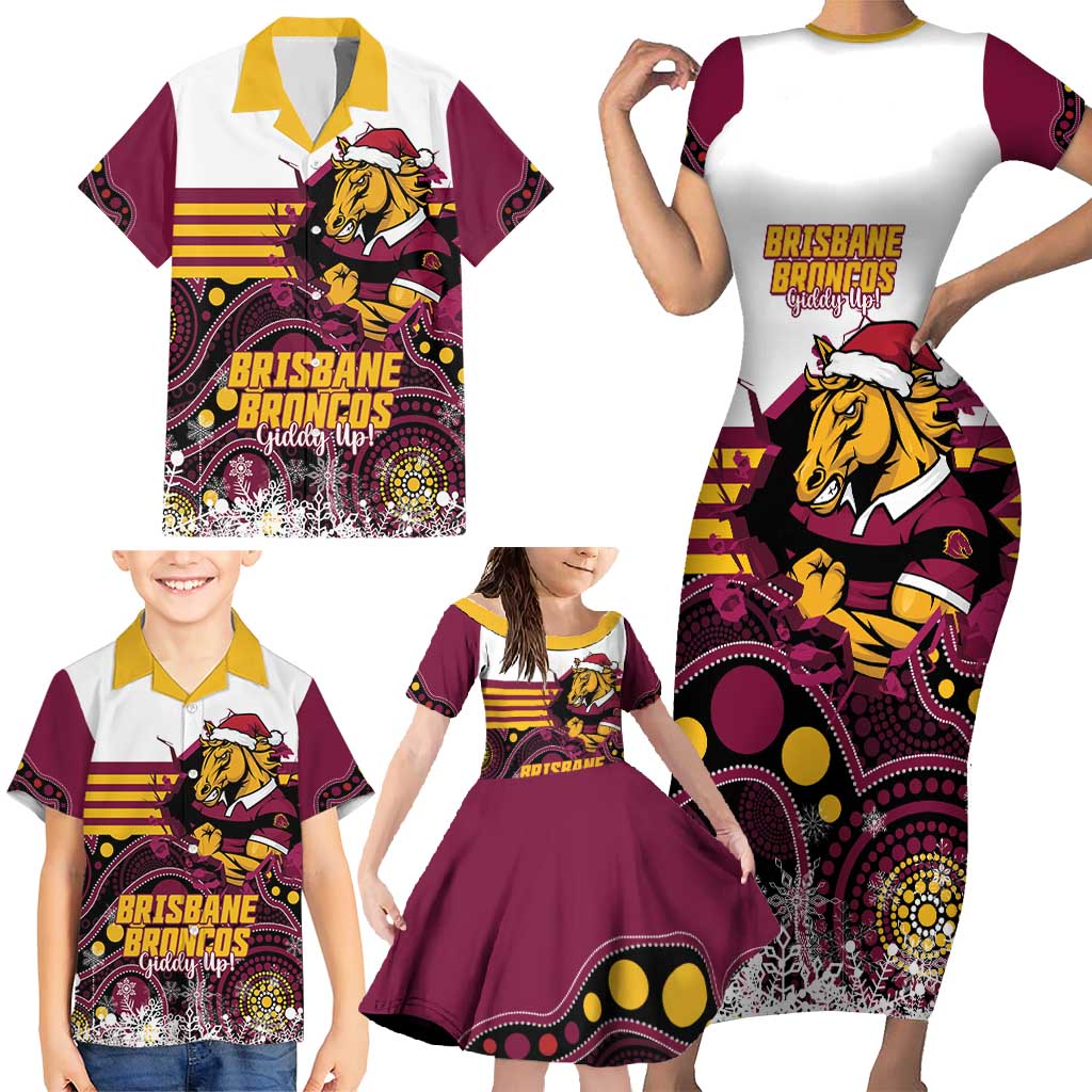 Custom Broncos Rugby Christmas Family Matching Short Sleeve Bodycon Dress and Hawaiian Shirt Brisbane Giddy Up Aboriginal Art - Aussie Hoodie