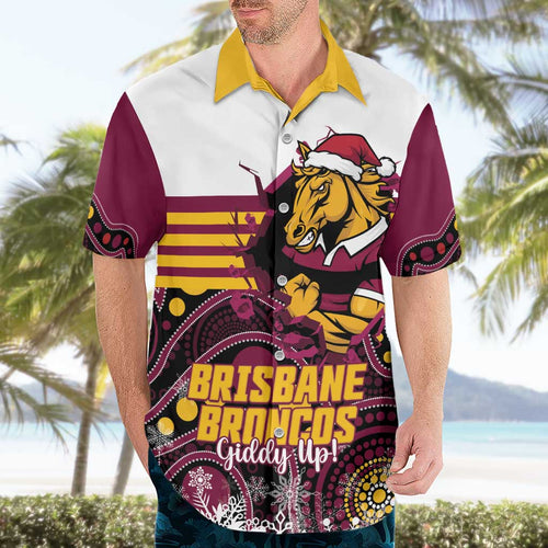 Custom Broncos Rugby Christmas Hawaiian Shirt Brisbane Giddy Up Aboriginal Art - Aussie Hoodie