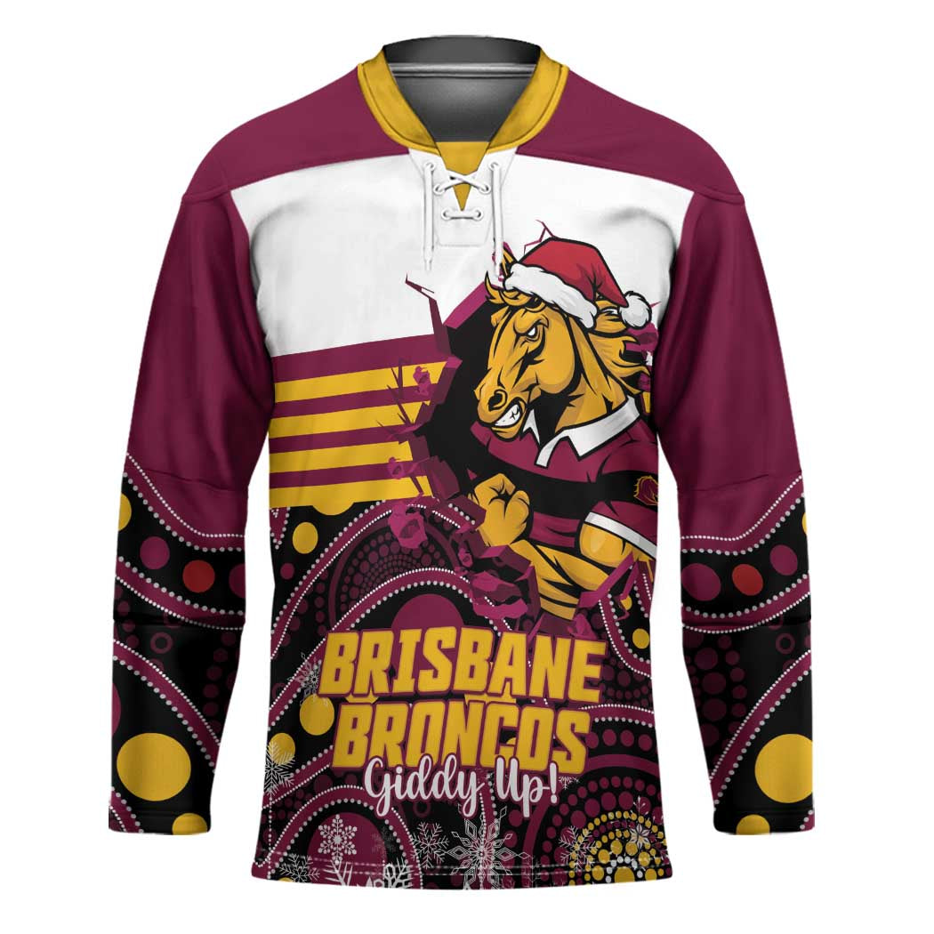 Custom Broncos Rugby Christmas Hockey Jersey Brisbane Giddy Up Aboriginal Art - Aussie Hoodie