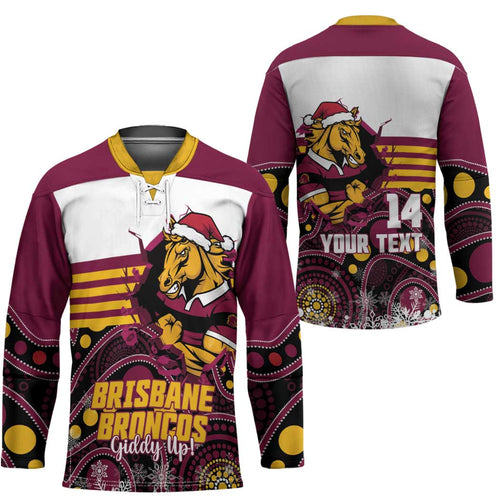 Custom Broncos Rugby Christmas Hockey Jersey Brisbane Giddy Up Aboriginal Art - Aussie Hoodie