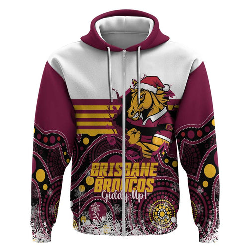Custom Broncos Rugby Christmas Hoodie Brisbane Giddy Up Aboriginal Art - Aussie Hoodie