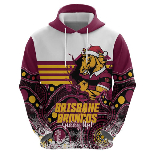 Custom Broncos Rugby Christmas Hoodie Brisbane Giddy Up Aboriginal Art - Aussie Hoodie