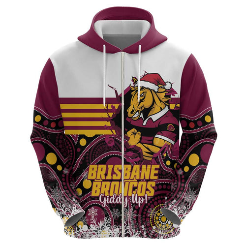 Custom Broncos Rugby Christmas Hoodie Brisbane Giddy Up Aboriginal Art - Aussie Hoodie