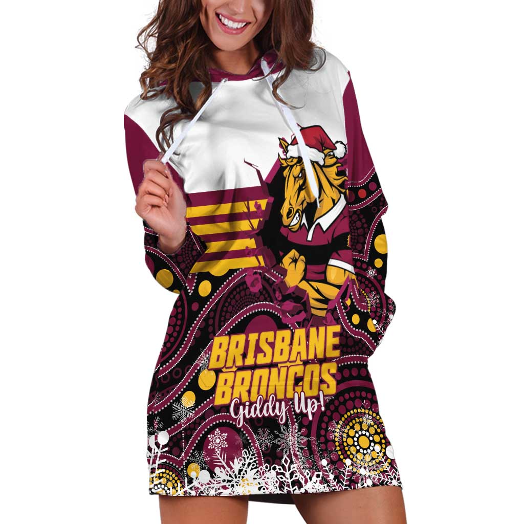 Custom Broncos Rugby Christmas Hoodie Dress Brisbane Giddy Up Aboriginal Art - Aussie Hoodie