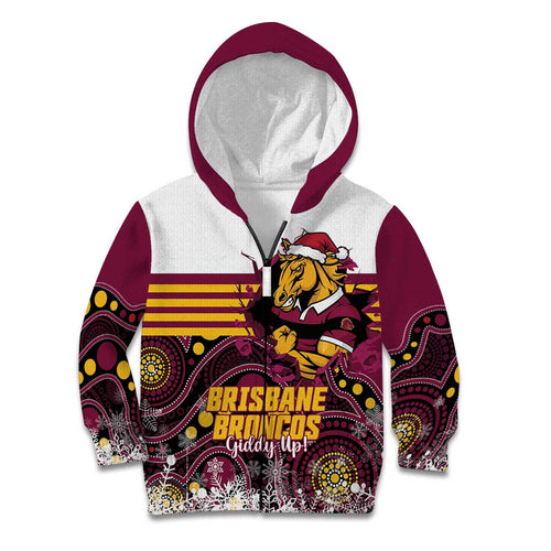 Custom Broncos Rugby Christmas Kid Hoodie Brisbane Giddy Up Aboriginal Art - Aussie Hoodie