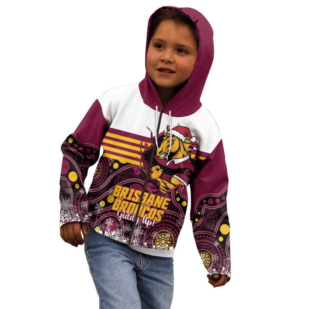 Custom Broncos Rugby Christmas Kid Hoodie Brisbane Giddy Up Aboriginal Art - Aussie Hoodie