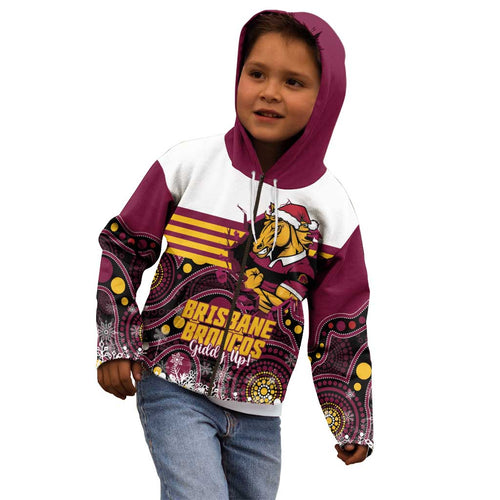 Custom Broncos Rugby Christmas Kid Hoodie Brisbane Giddy Up Aboriginal Art - Aussie Hoodie