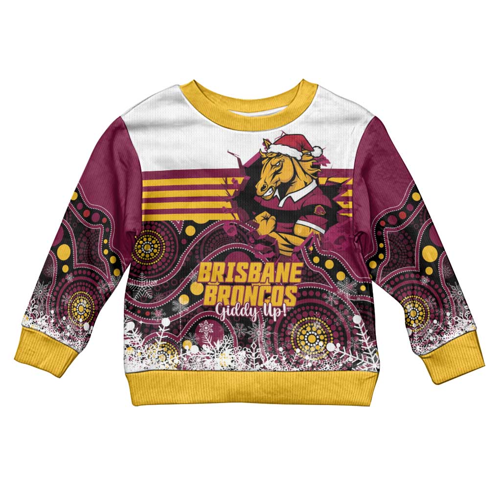 Custom Broncos Rugby Christmas Kid Ugly Christmas Sweater Brisbane Giddy Up Aboriginal Art - Aussie Hoodie