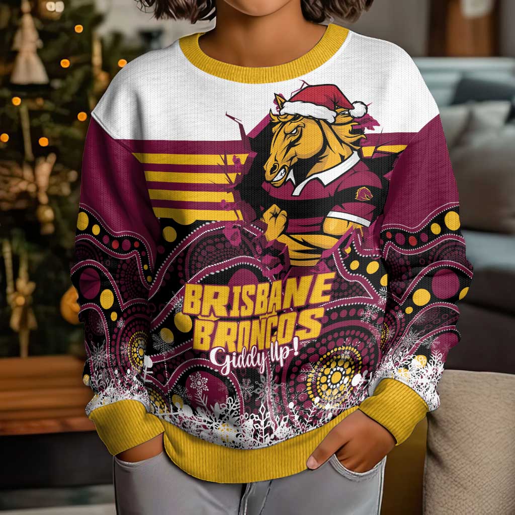 Custom Broncos Rugby Christmas Kid Ugly Christmas Sweater Brisbane Giddy Up Aboriginal Art - Aussie Hoodie