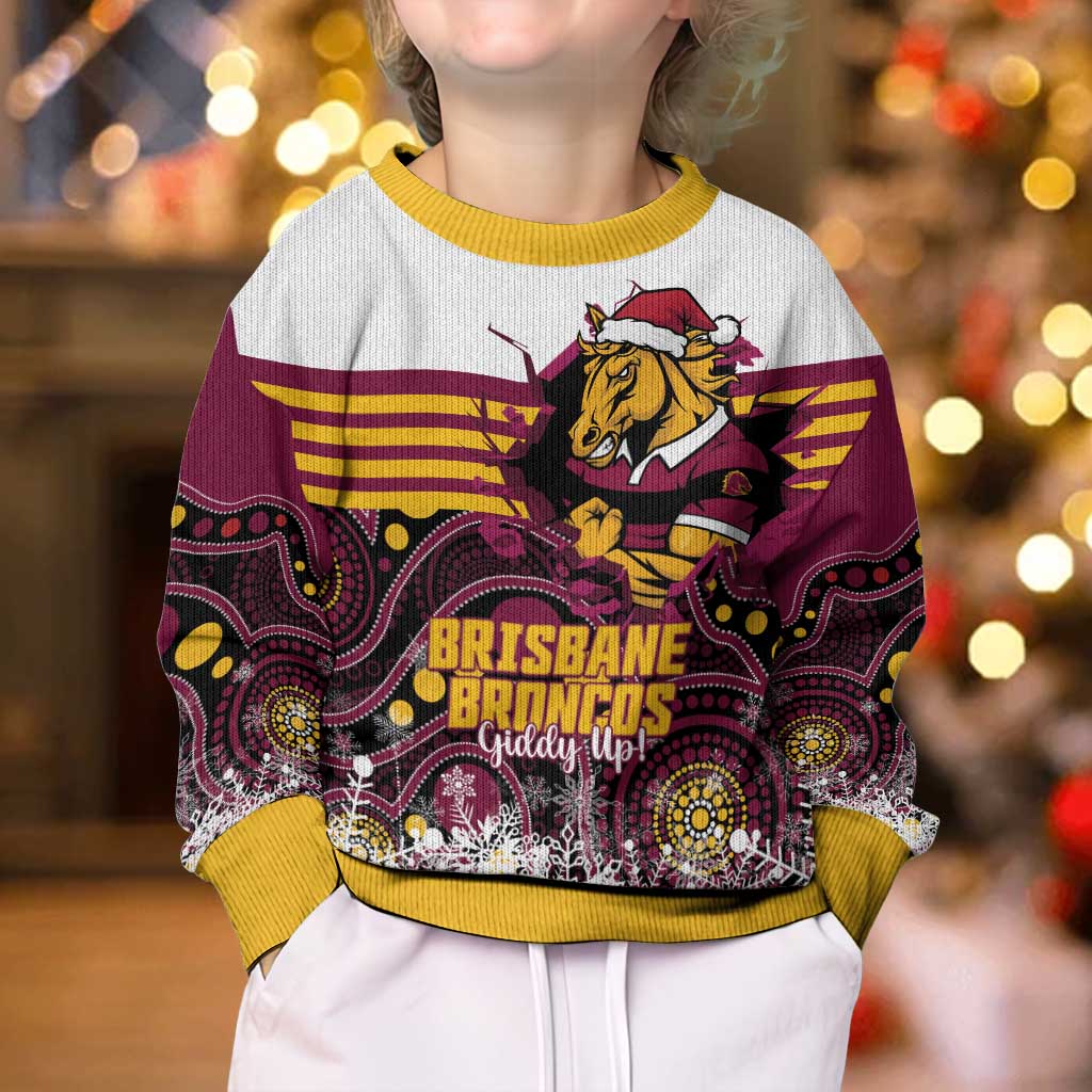 Custom Broncos Rugby Christmas Kid Ugly Christmas Sweater Brisbane Giddy Up Aboriginal Art - Aussie Hoodie