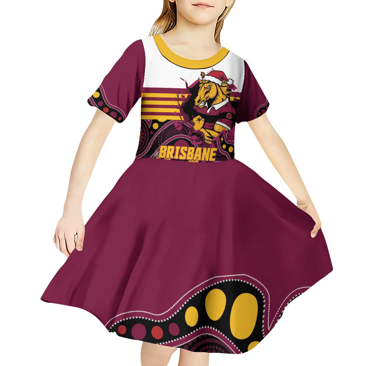 Custom Broncos Rugby Christmas Kid Short Sleeve Dress Brisbane Giddy Up Aboriginal Art - Aussie Hoodie