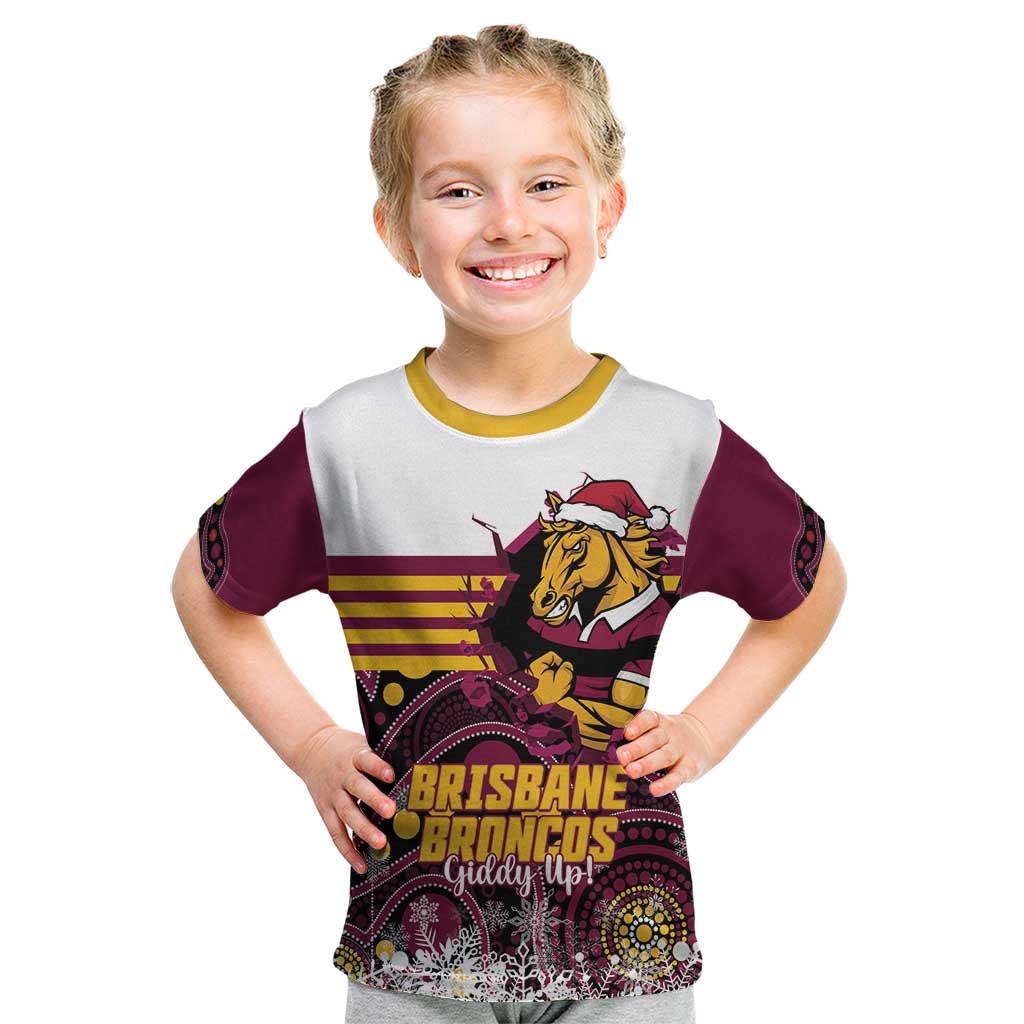 Custom Broncos Rugby Christmas Kid T Shirt Brisbane Giddy Up Aboriginal Art - Aussie Hoodie