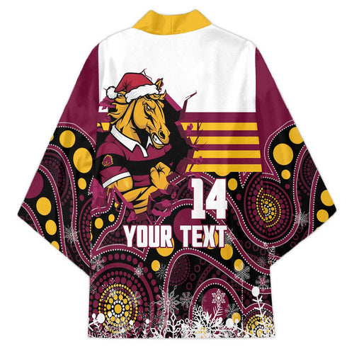 Custom Broncos Rugby Christmas Kimono Brisbane Giddy Up Aboriginal Art - Aussie Hoodie