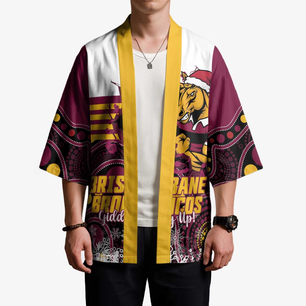 Custom Broncos Rugby Christmas Kimono Brisbane Giddy Up Aboriginal Art - Aussie Hoodie