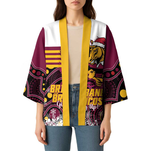 Custom Broncos Rugby Christmas Kimono Brisbane Giddy Up Aboriginal Art - Aussie Hoodie