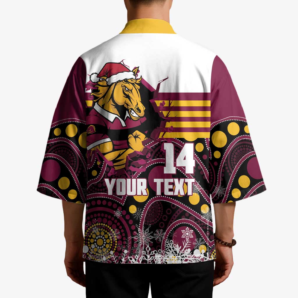 Custom Broncos Rugby Christmas Kimono Brisbane Giddy Up Aboriginal Art - Aussie Hoodie