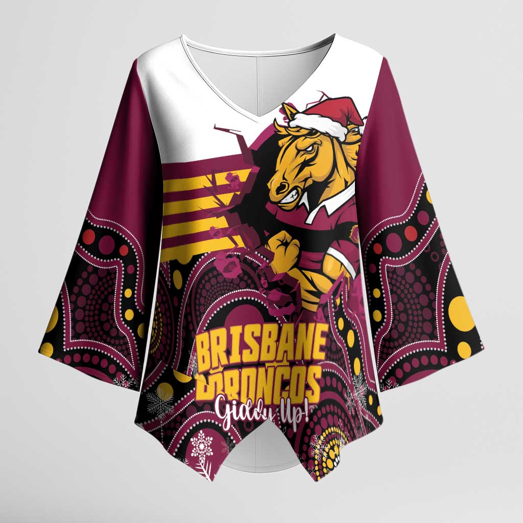 Custom Broncos Rugby Christmas Kimono Sleeve Blouse Brisbane Giddy Up Aboriginal Art - Aussie Hoodie