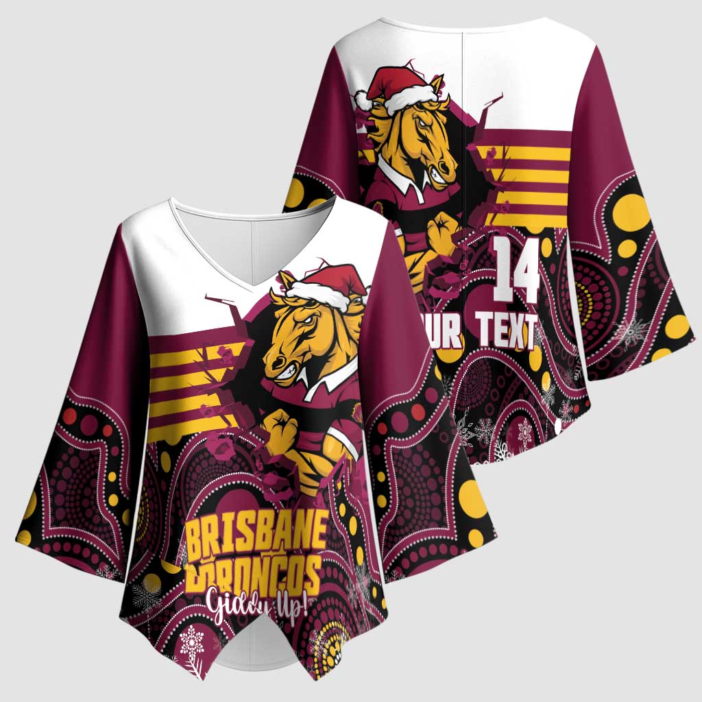 Custom Broncos Rugby Christmas Kimono Sleeve Blouse Brisbane Giddy Up Aboriginal Art - Aussie Hoodie