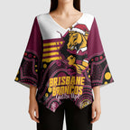 Custom Broncos Rugby Christmas Kimono Sleeve Blouse Brisbane Giddy Up Aboriginal Art - Aussie Hoodie