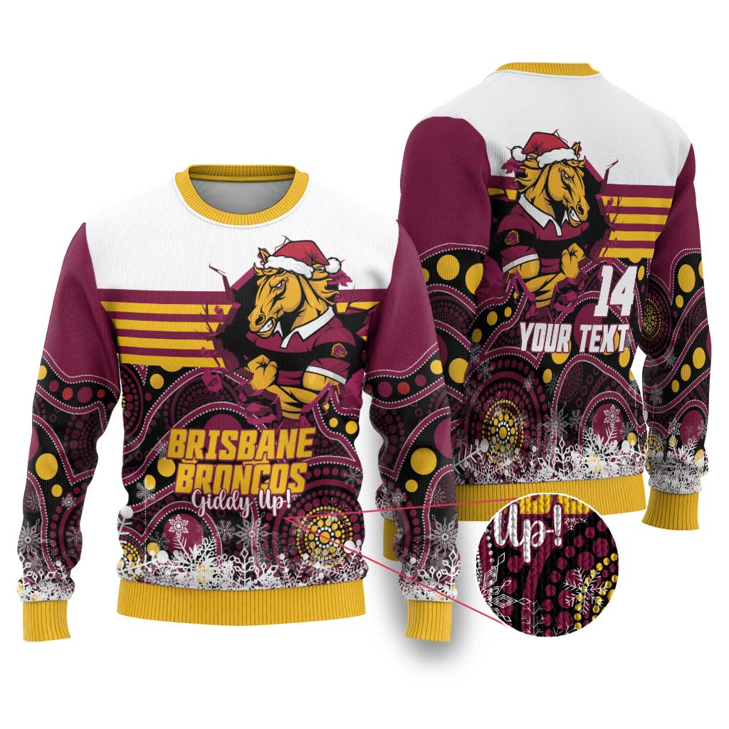 Custom Broncos Rugby Christmas Ugly Christmas Sweater Brisbane Giddy Up Aboriginal Art - Aussie Hoodie